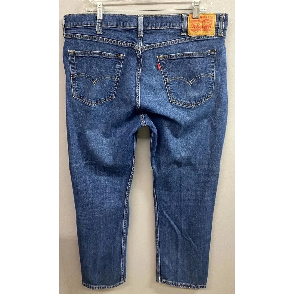 Levi's 514 Jeans Mens 40x30 Blue Denim Stretch Dark Wash Whiskered Straight Leg